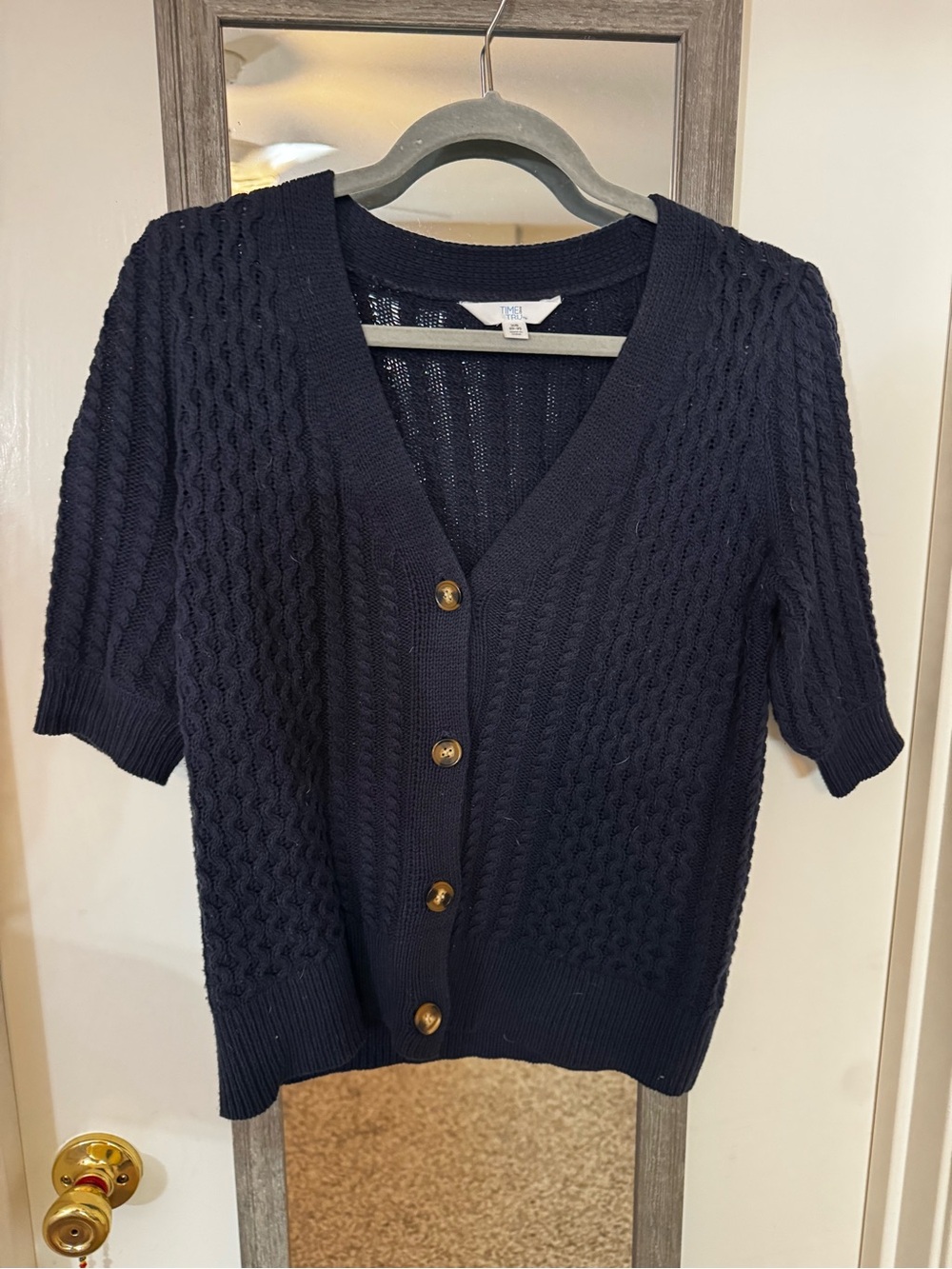 Time and Tru Navy Cable-Knit Button-Front Short Sleeve Cardigan